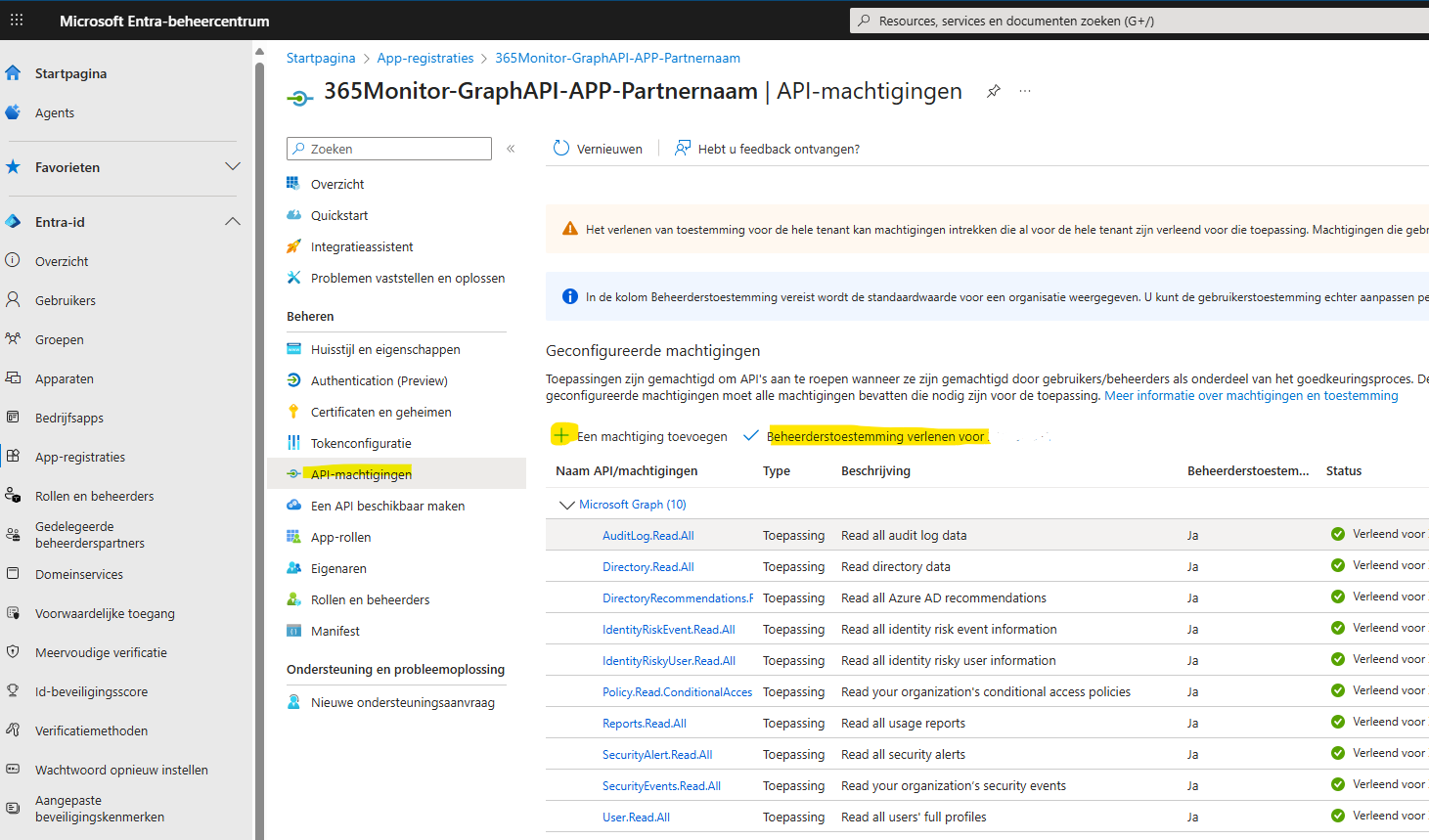 Ga naar Entra.Microsoft.com om App registratie aan te maken voor 365Monitor